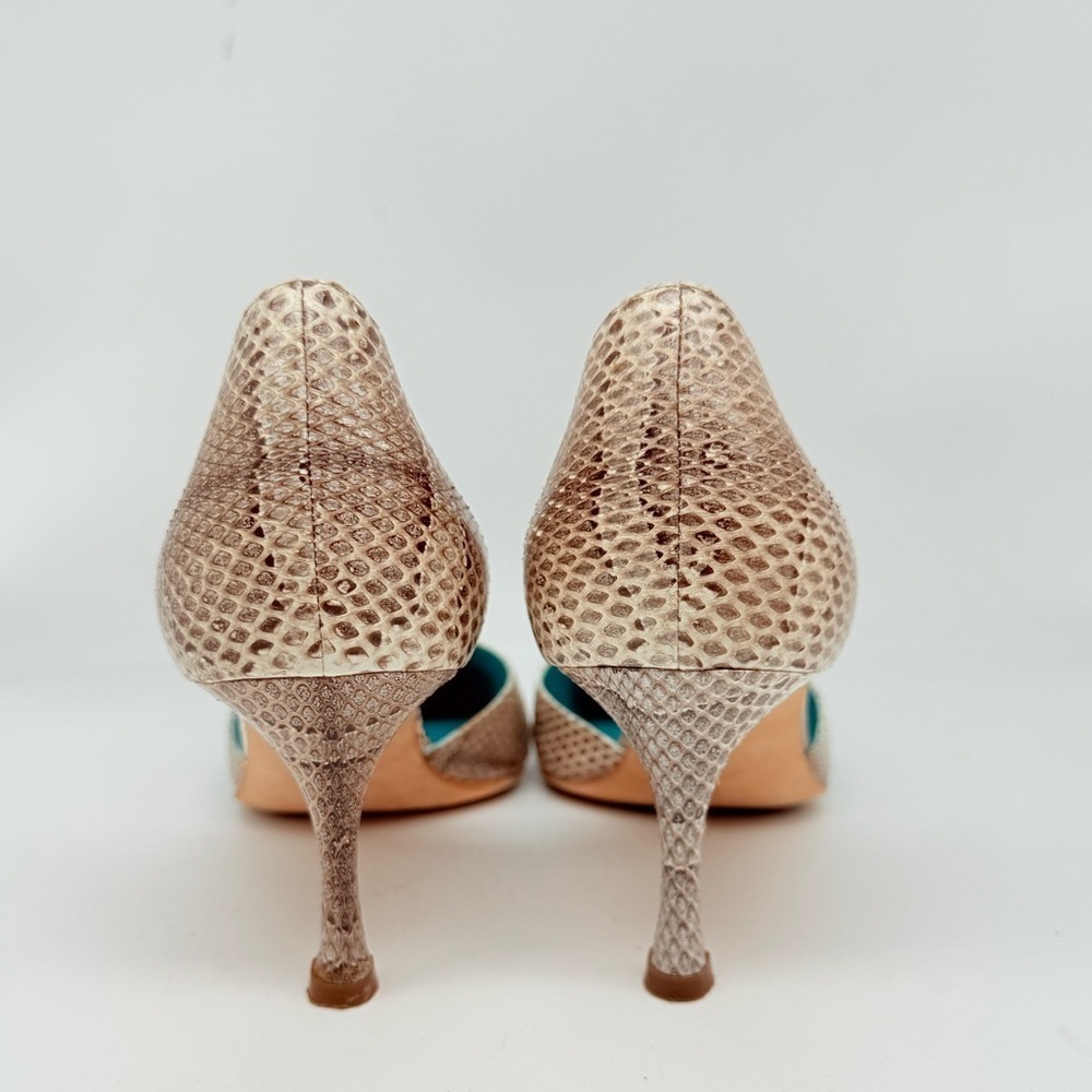 Manolo Blahnik Brown Neutral Snakeskin Leather bamboo buckle D’orsay pumps 37.5 - Picture 5 of 10